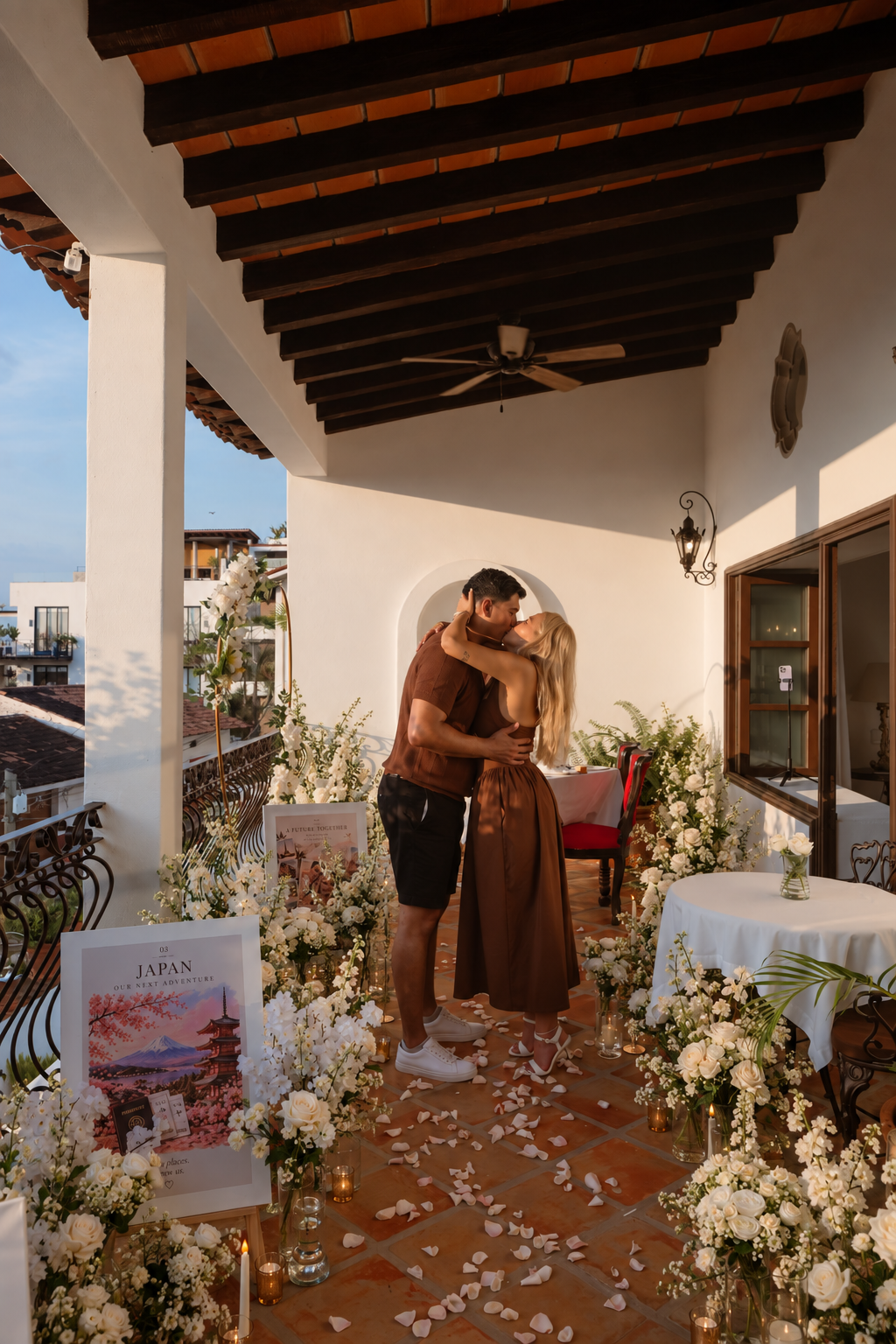 Couple kissing on a terrace decorated with white roses after the proposal
