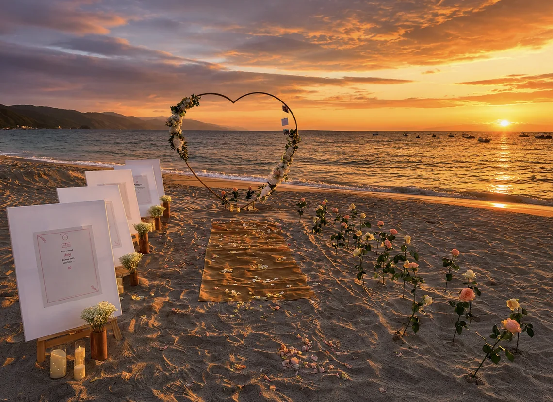 A curated beach station displaying photographs and memories from the couple's relationship, part of The Story Walk marriage proposal experience in Puerto Vallarta