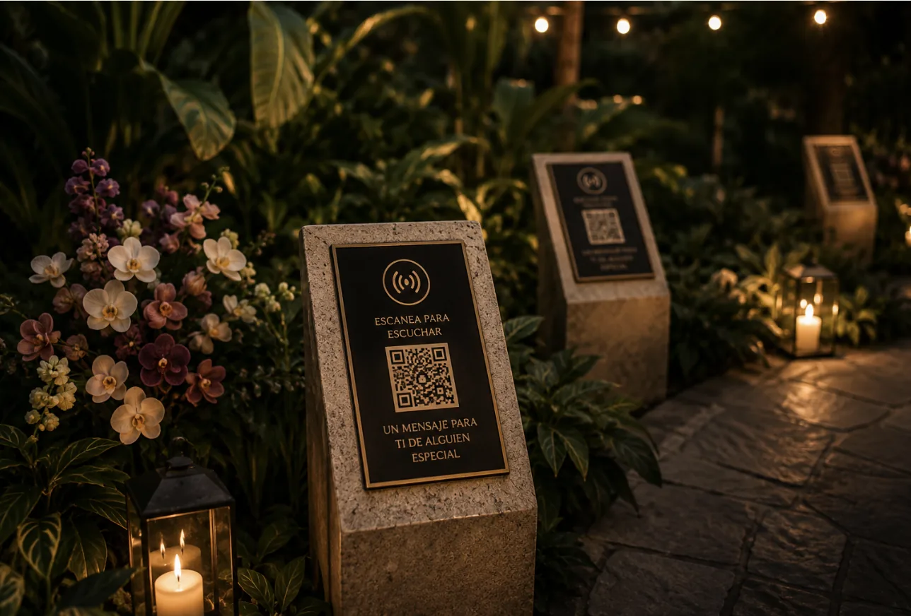 A hidden QR code marker along a private path, part of The Audio Journey marriage proposal where loved ones' voices guide your partner