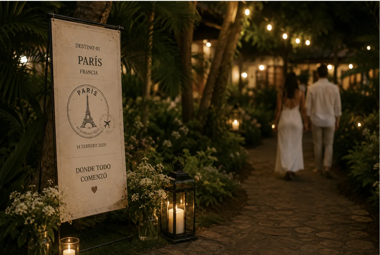 A custom-designed passport open to a Paris page, part of the Passport to Forever marriage proposal experience in Puerto Vallarta