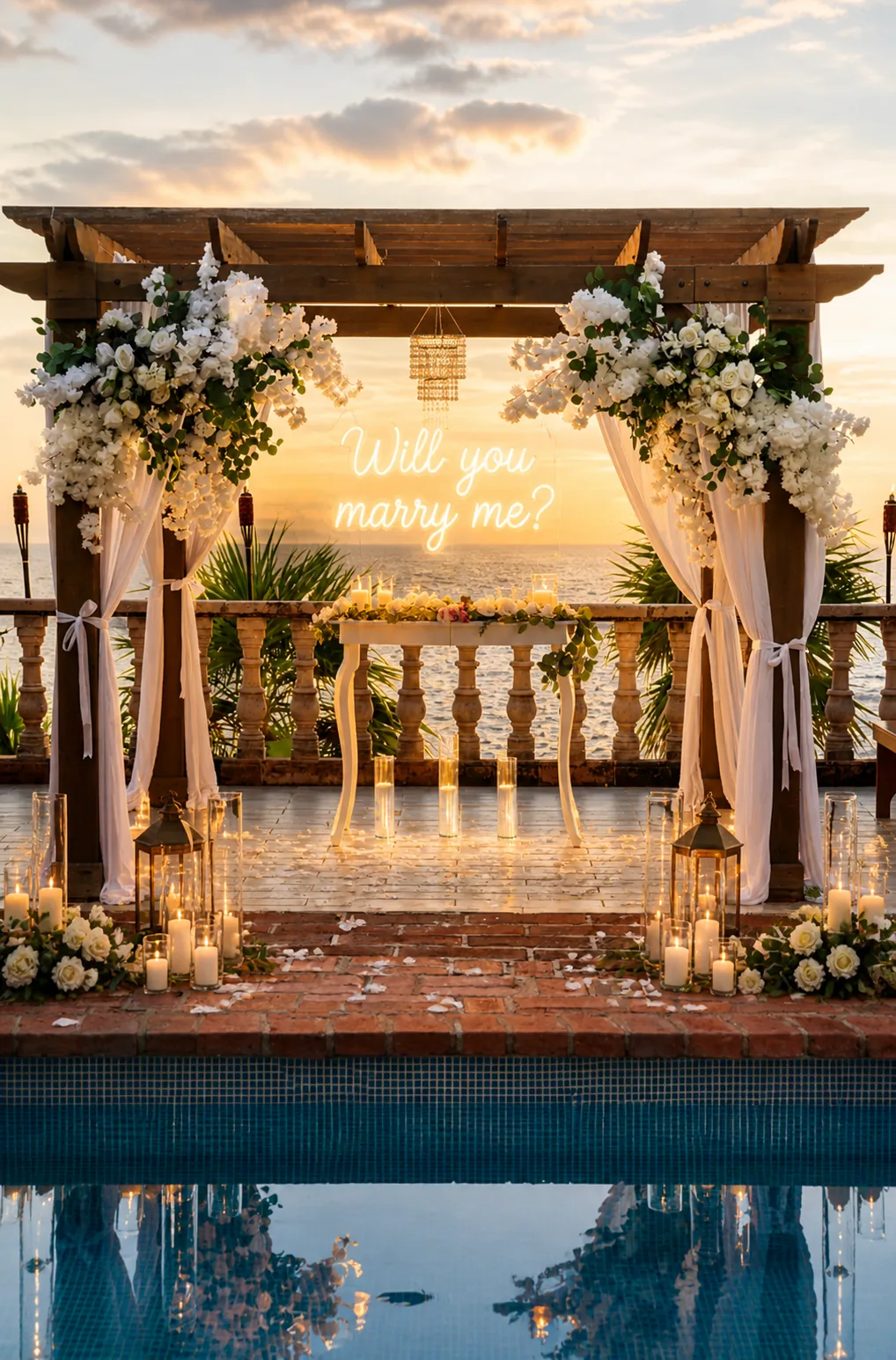 A romantic private villa pergola at sunset, part of The Future Walk marriage proposal experience in Puerto Vallarta